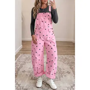 Women's Cute Sleeveless Cotton Phalaenopsis Polka Dot Print Bib Pocket Denim Barrel Overalls Jumpsuit with Adjustable Straps
