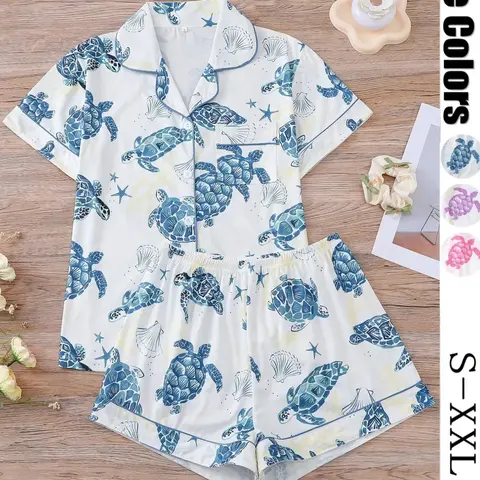 Women's All-Over Print Top & Elastic-Waist Shorts Pajama Set, Casual Comfy Short-Sleeve Top & Shorts, Ladies' Summer Sleepwear, Nightwear Sleepwear, Loungewear, Lounge Pajama Style, Pyjamas, Pjs, Sleep Pajamas Shorts, Cartoon Print Sleepwear #GLOBAL PICKS
