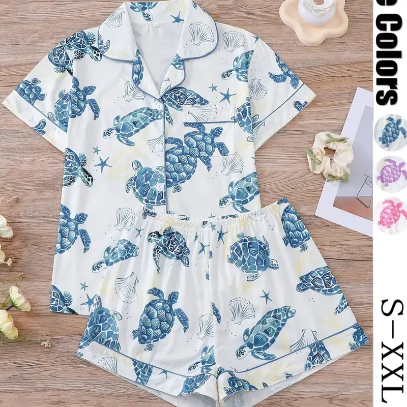 Women's All-Over Print Top & Elastic-Waist Shorts Pajama Set, Casual Comfy Short-Sleeve Top & Shorts, Ladies' Summer Sleepwear, Nightwear Sleepwear, Loungewear, Lounge Pajama Style, Pyjamas, Pjs, Sleep Pajamas Shorts, Cartoon Print Sleepwear #GLOBAL PICKS
