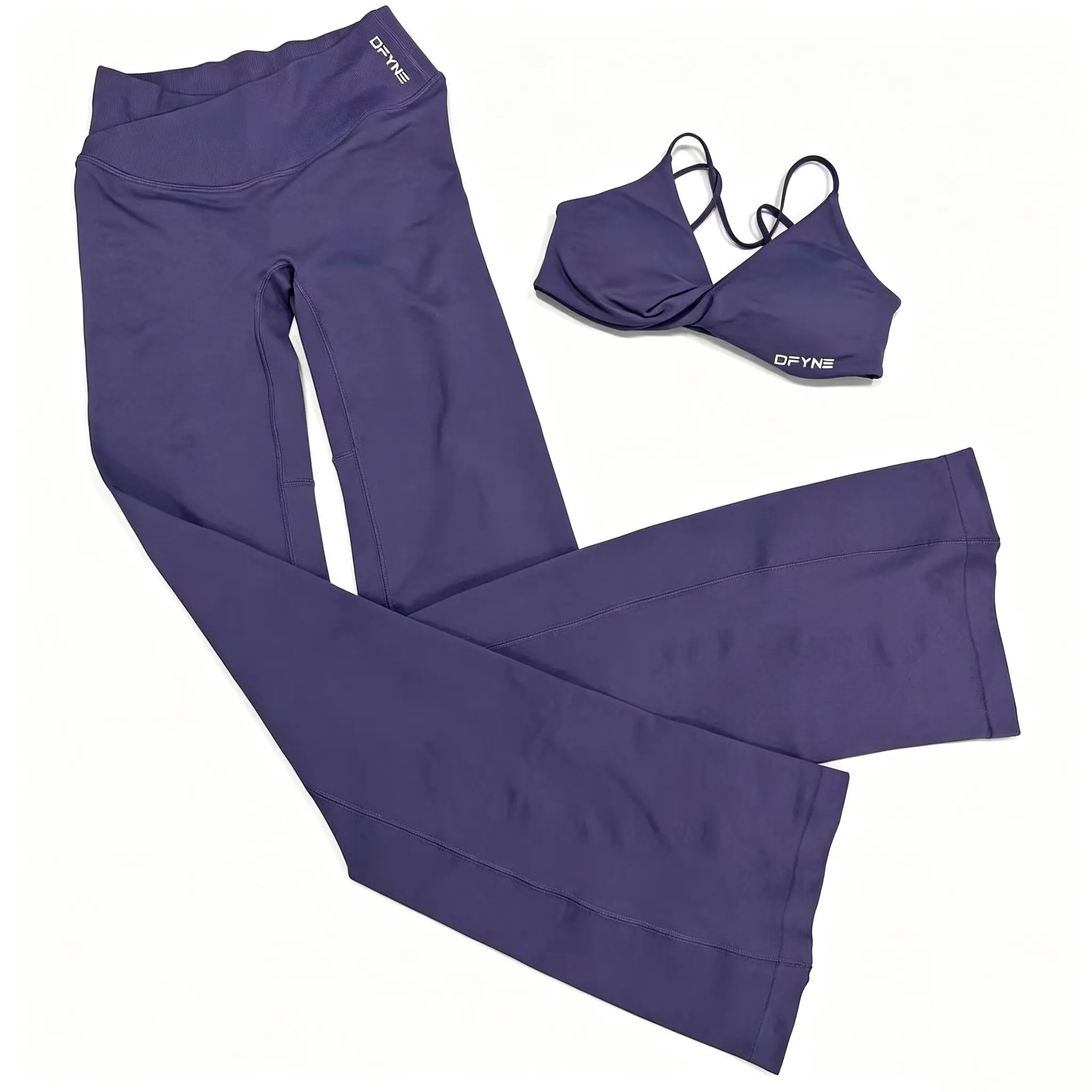 DFYNE Women 2 Piece Seamless Twist Front Sports Bra & Flare Yoga Pants Set, Matte Spaghetti Strap Crisscross Back Padded Bralette + High Waist Butt Lifting Bootcut Leggings, 4-Way Stretch Squat Proof Gym Workout Activewear Outfit,Women Gym Activewear