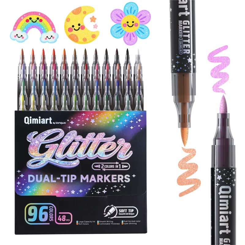 48/96 Color Glitter Brush Markers, Dual Tip Dual Color Shimmer Pens, 1-5mm Soft Brush Tip Sparkle Markers for Drawing, Doodling, Lettering, Card Making, Journaling & DIY Crafts, Art Marker Set