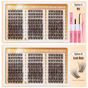 RITALASH 180PCS Dark Brown Velure Lash Clusters Natural Clusters Kit Wispy Individual Lashes Clusters DIY Ultra-Light Lash Extensions Soft D Curly Eye Lashes with Bond&Seal and Tweezers