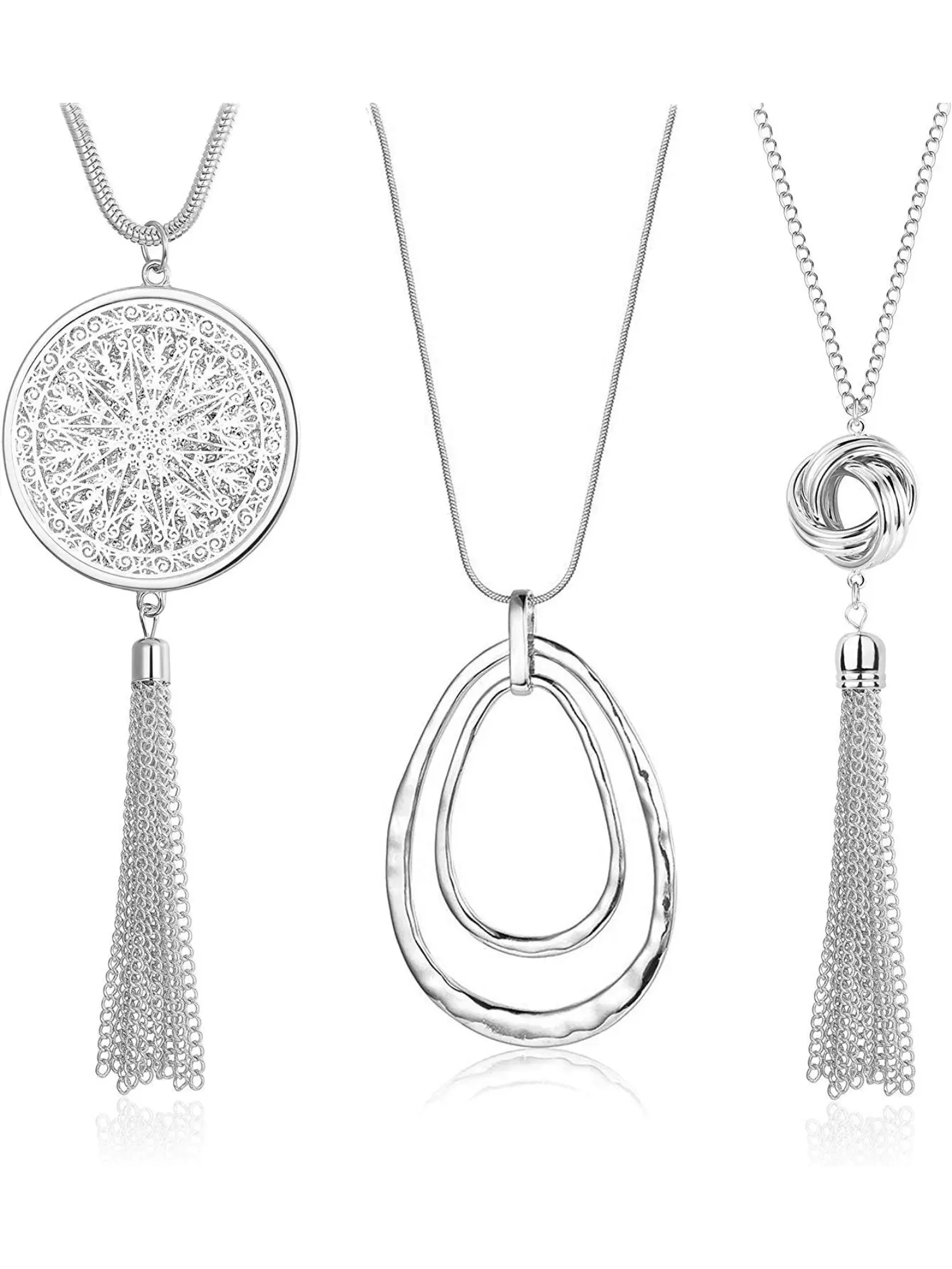 3 Pcs Sweater Necklaces Set for Women,Silver Long Pendant Knot Disk Tassel, Fall Winter Jewelry