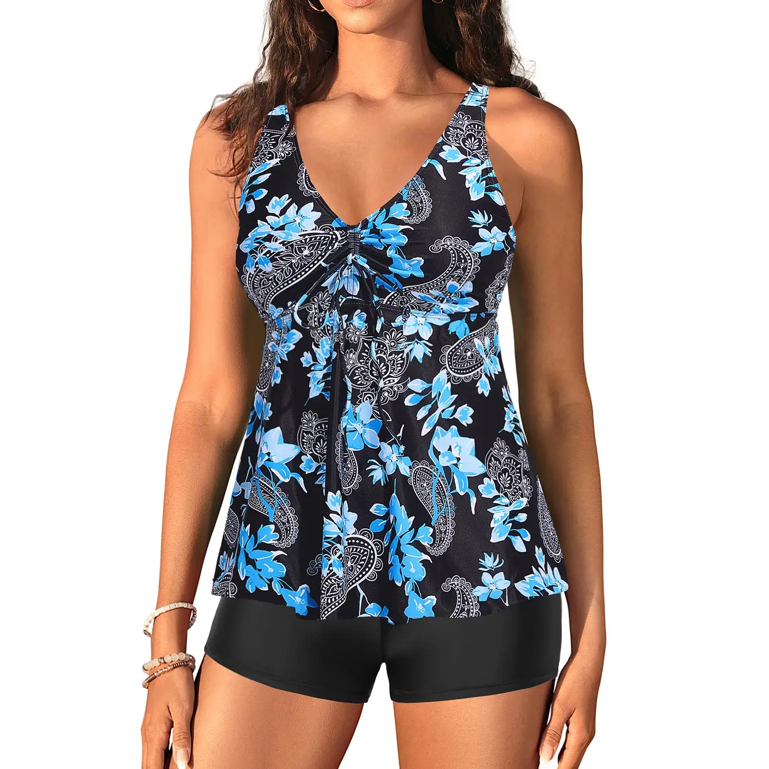 Holipick Two Piece Tankini Swimsuits for Women Tummy Control Bathing Suits Flowy Tankini Top with Boy Shorts Ruched Swimsuits Tankini