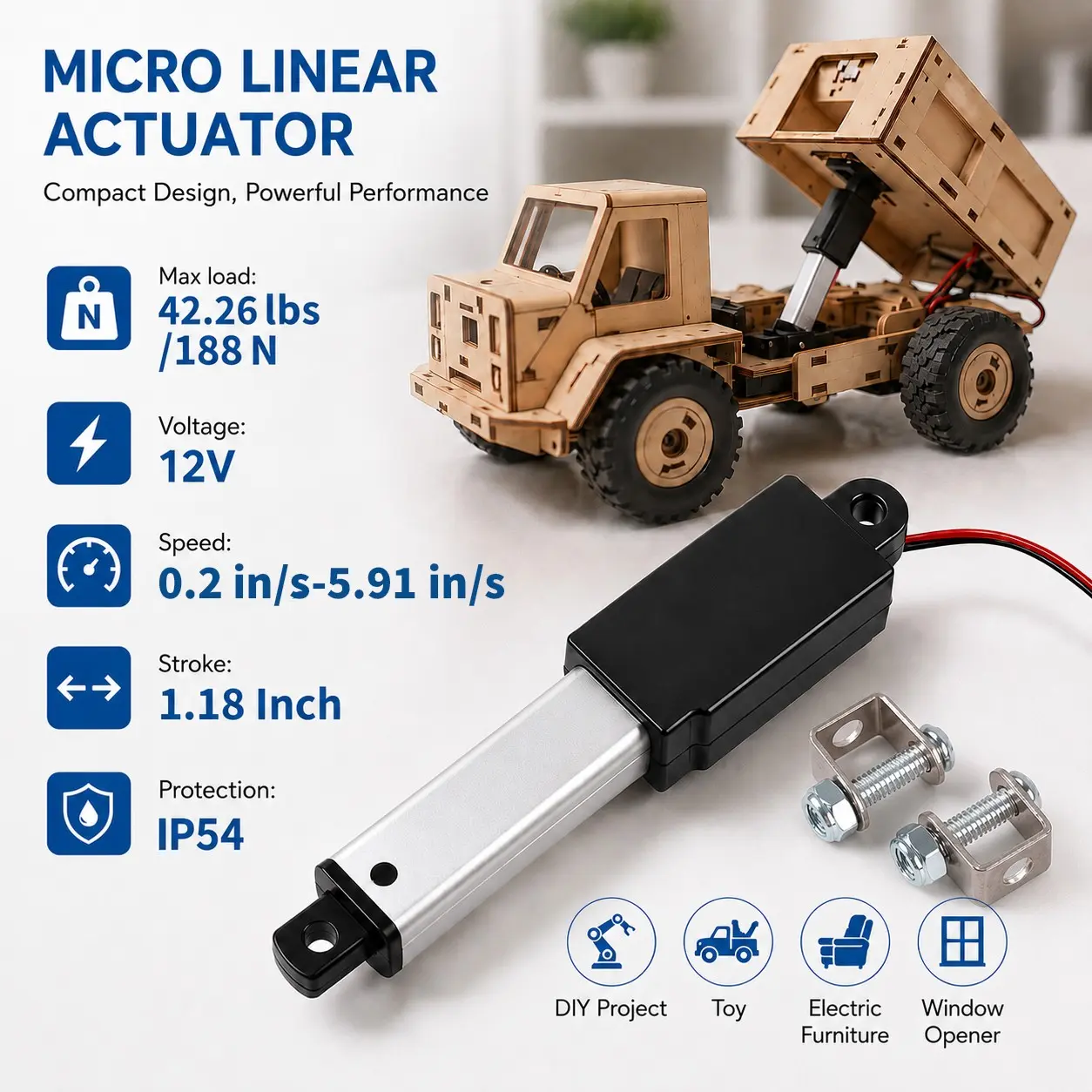 12V Micro Electric Linear Actuator, 1.18 Inch Stroke,Max force 42.26lbs/ 188N , Ip54 Waterproof, Speed 0.2"-5.9"/s, Ideal for Smart Home, DIY, Medical Devices
