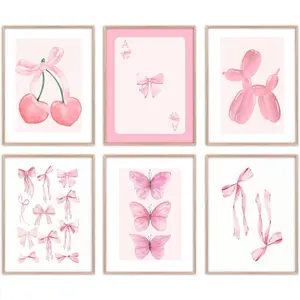 6PCS/Set Pink Room Decor, Trendy Pink Bows Wall Art for Girl Room Decor, Cute Coquette Wall Decor, Coquette Posters, Pink Room Decor Preppy Room Decor Aesthetic, Coquette Bow Prints Ball Cherry Bow Room Decor for College Dorm Apartment Decor -UNFRAMED