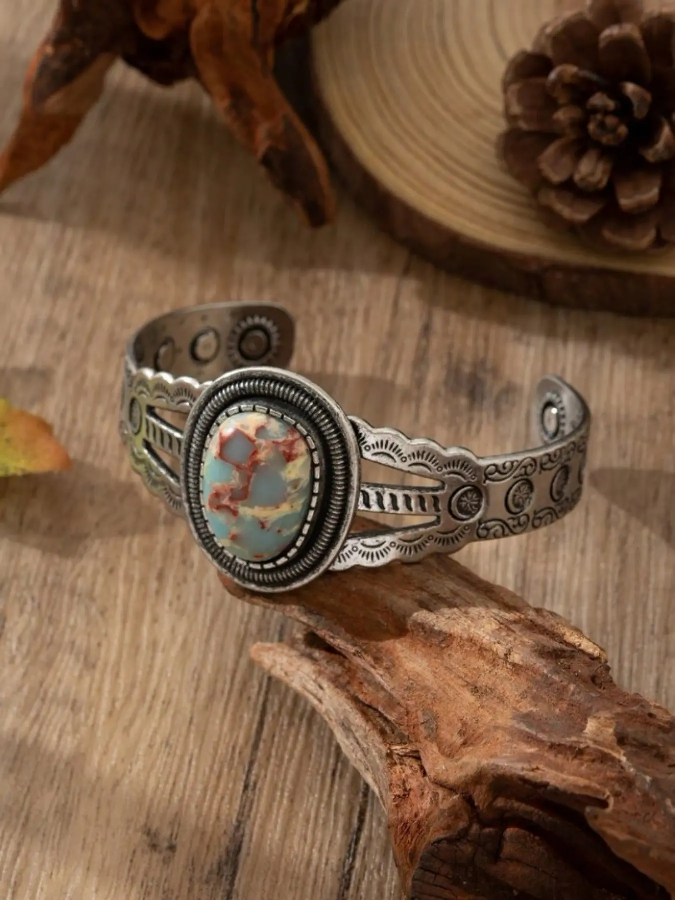 Bohemian Ethnic Oval Turquoise Color Open Bracelet for Women, Bohemian Bracelets, Vintage Distressed Casual Party Jewelry, Versatile Event Accessory
