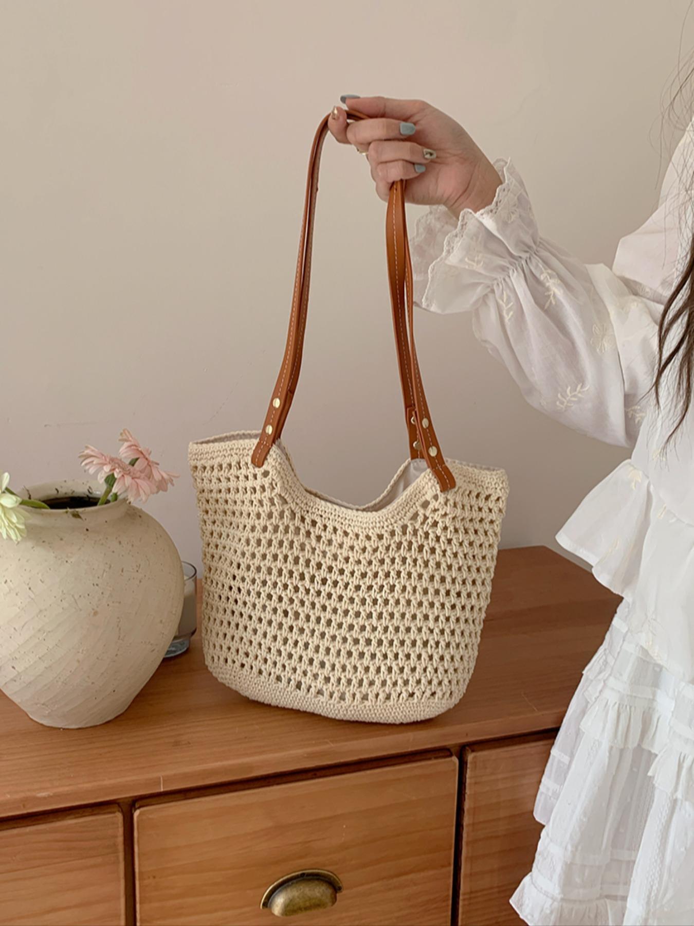 Women's Solid Color Crochet Shoulder Bag, Large Capacity Boho Straw Bag, Casual Trendy Versatile High-quality Daily Commuting Bag, Girl Fashionable Shopping Bag
