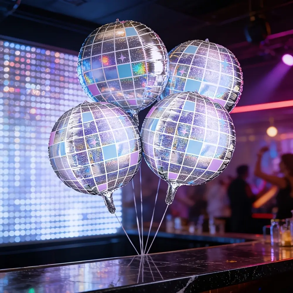 4 Rainbow Disco Ball Foil Balloons, Silver Color 4D Laser Aluminum Sphere, K-Pop Style Party Decor, Fun Birthday, Christmas, Halloween