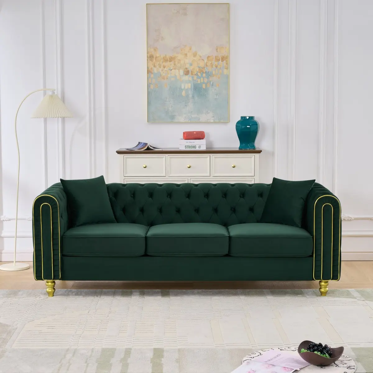 86x31x29.5in Modern Chesterfield 3-Seater Velvet Loveseat Sofa, Comfy Wood Couch with Button Tufting, Rolled Arms, Gold Legs for Primary Living Space, Green
