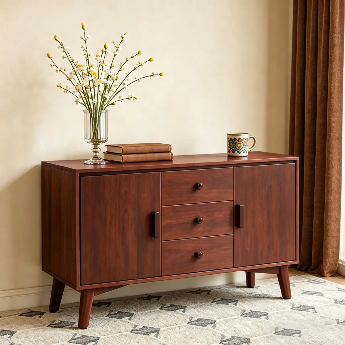 47.3" Mid Century Modern Sideboard Buffet Cabinet, Kitchen Buffet Cabinet with Solid Wood Frame Legs & Wooden Handle, Storage Cabinet with 2 Doors and 3 Drawers for Kitchen,Dining,Living Room, Walnut