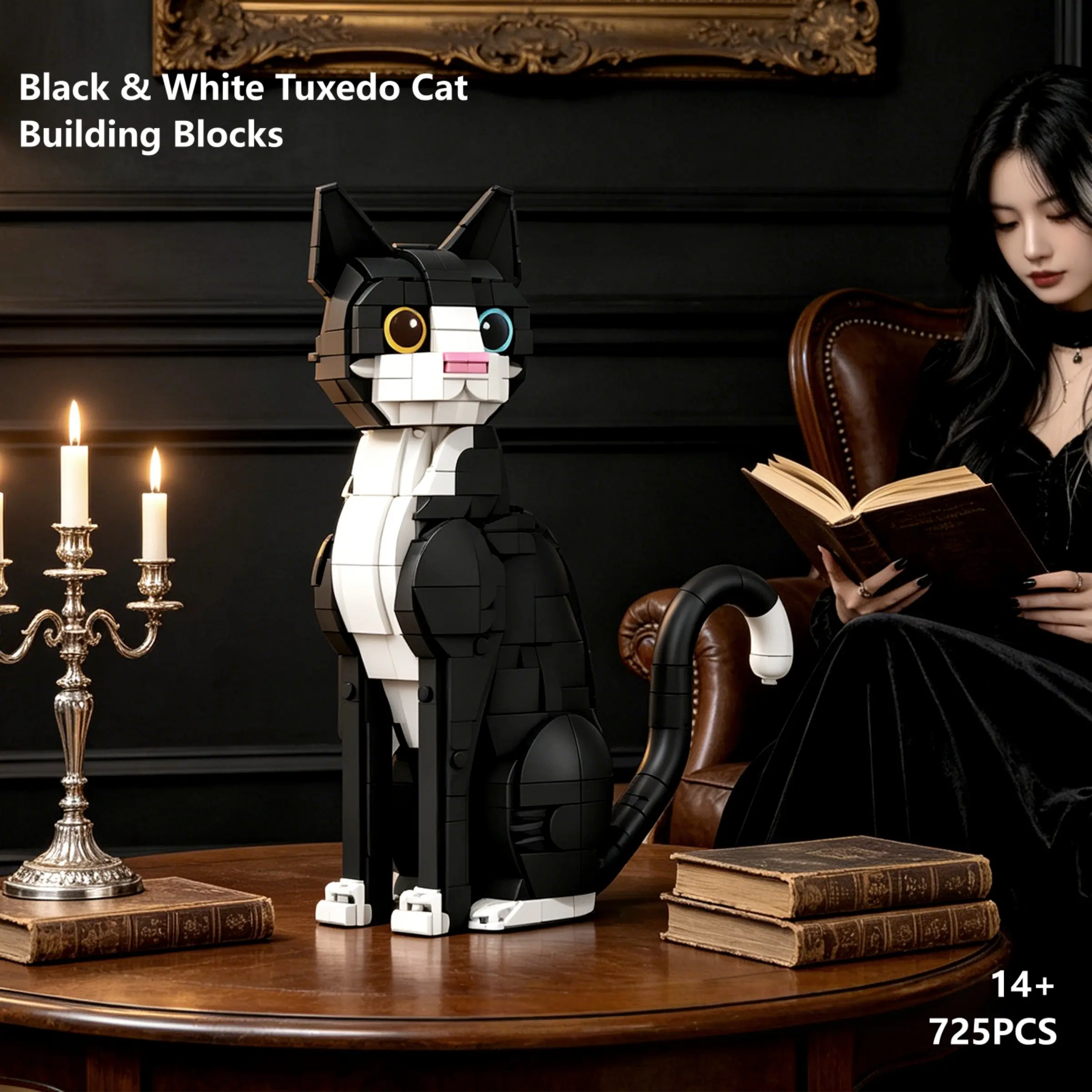 725 Pieces and Cow Cat Building Blocks, Adjustable Tail and Replaceable Eyes, Gothic Home Decor, Gift for Cat Lovers, Ages 14+