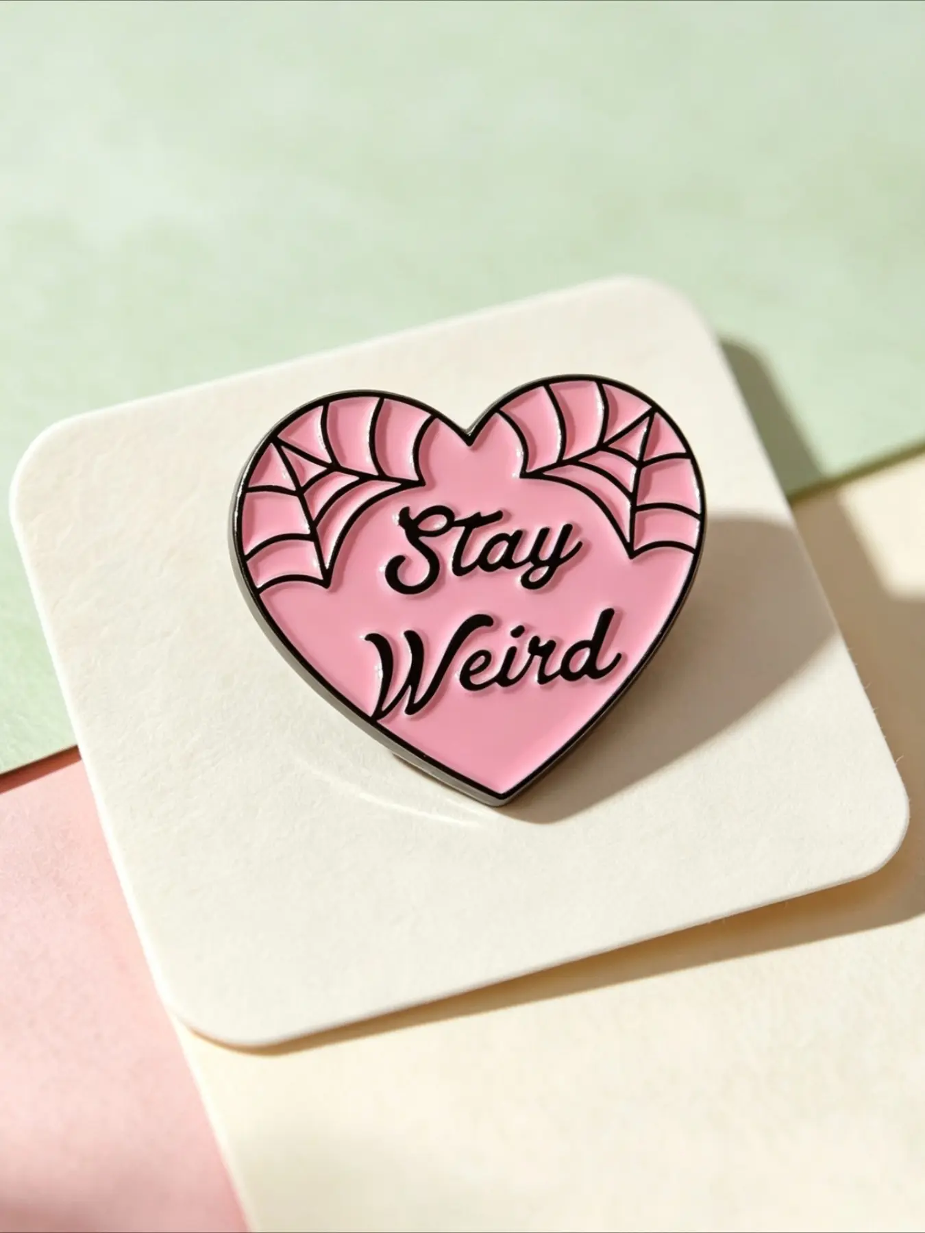 "Stay Weird" Pink Heart Enamel Pin Spider Web Gothic Lapel Brooch, Halloween Dark Aesthetic Badge For Jackets Backpack Hats Decor Gift