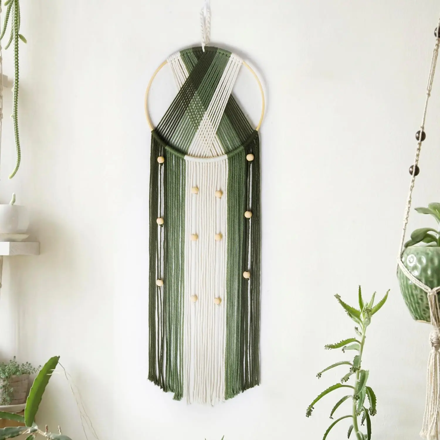Boho Macrame Wall Hanging - Green and Beige Handmade Cotton Woven Decor, Modern Geometric Bohemian Tapestry Wall Decor for Bedroom Living Room Home (31.5"x9.84") Room Decor