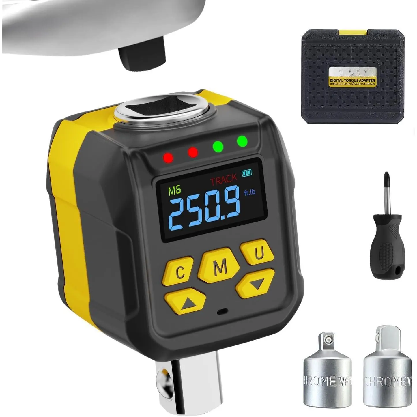 1/2" Drive Digital Torque Adapter, 12-250 ft-lb, SAE and Metric | ±2% Accuracy  Torque Adapter Set with Socket Adapters (1/4", 3/8"), Buzzer and LED , for Ratchet, Breaker Bar
