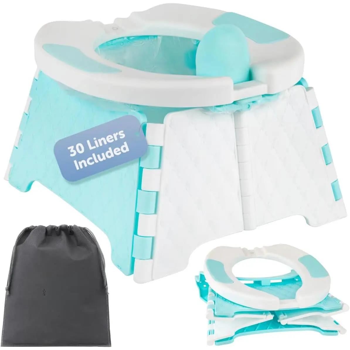 Portable Potty Training Chair with Travel Bag and 30 Liners, Foldable, Indoor/Outdoor Use, Camping (Aqua)