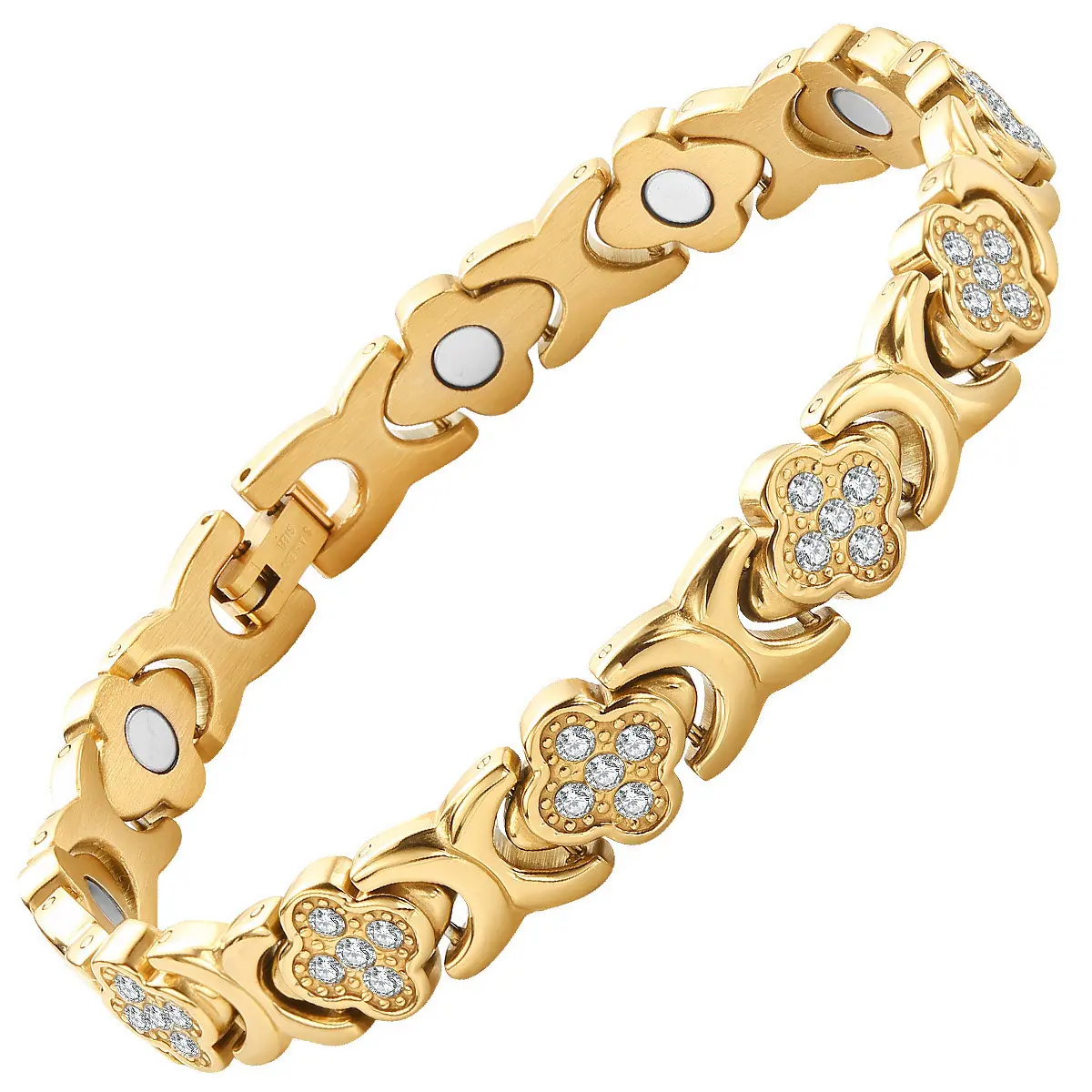 Loveden's new fashion light luxury clover alloy diamond-studded single-row magnetic couple bracelet is now in stock for wholesale
