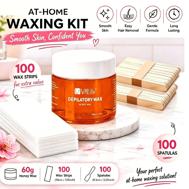Viilife Natural Honey Wax Kit, 100 Wax Strips & 100 Plastic Scrapers, Gentle Hair Removal for Sensitive Skin, Smooth Home Use for Face, Armpits, Legs, Bikini Area