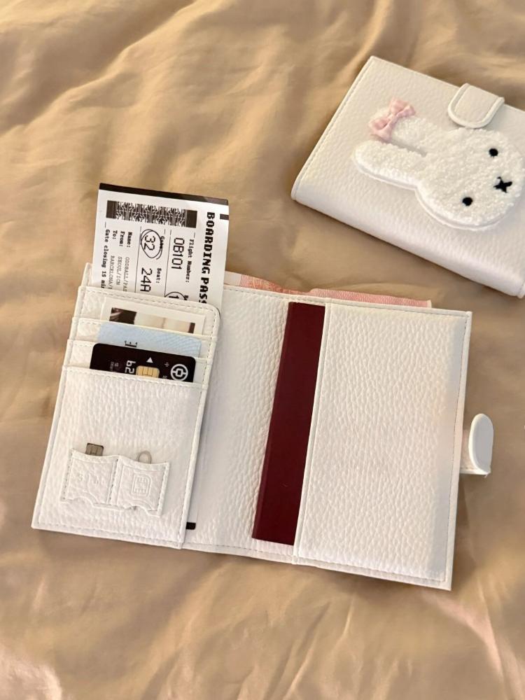 Miffy Plush Bunny PU Passport Holder Multi-Function RFID-Blocking Card Wallet with Kawaii Bow Couple's Mini Purse Perfect Gift