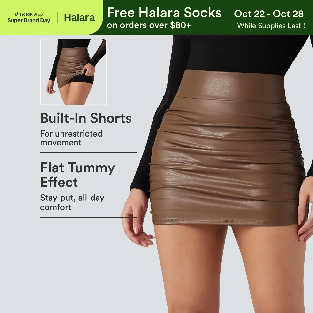 【Creator‘s Pick】High Waisted Tummy Control Ruched Curved Hem 2-in-1 Fleece PU Mini Bodycon Skirt