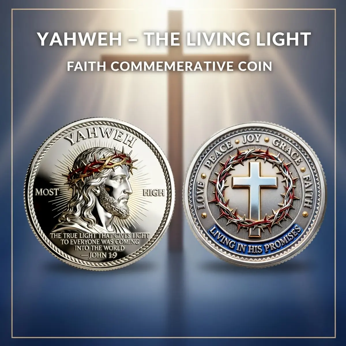 Yahweh Most High Christian Challenge Coin, Christian Jesus Challenge Coin with Crown of Thorns, Living in His Promise Faith and Cross Memorial Coin, Religious Gifts for Men and Women