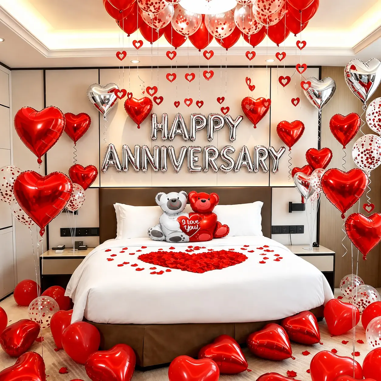 Romantic Anniversary Decoration Set, Heart Balloons with Bear Heart Balloon & 1000pcs Artificial Rose Petals, Silver Red Balloon Decor for Wedding Anniversary Surprise, Happy Anniversary Decorations