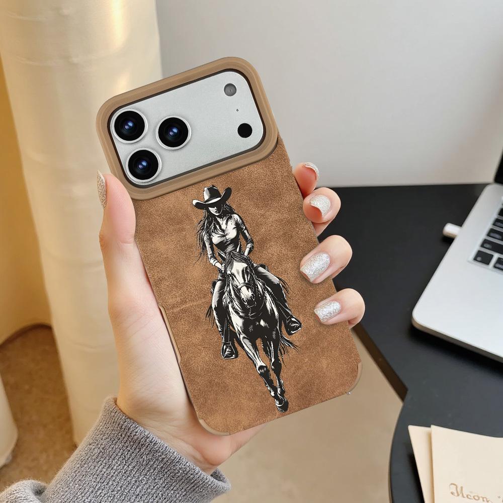 1pc brown cowboy riding horse print pattern, matte faux leather full-cover large hole protective phone case Compatible With IPhone 17/17 Air/17 Pro/17 Pro Max/16/16 Pro/16 Plus/16 Pro Max/15/15 Plus/15 Pro/15 Pro Max