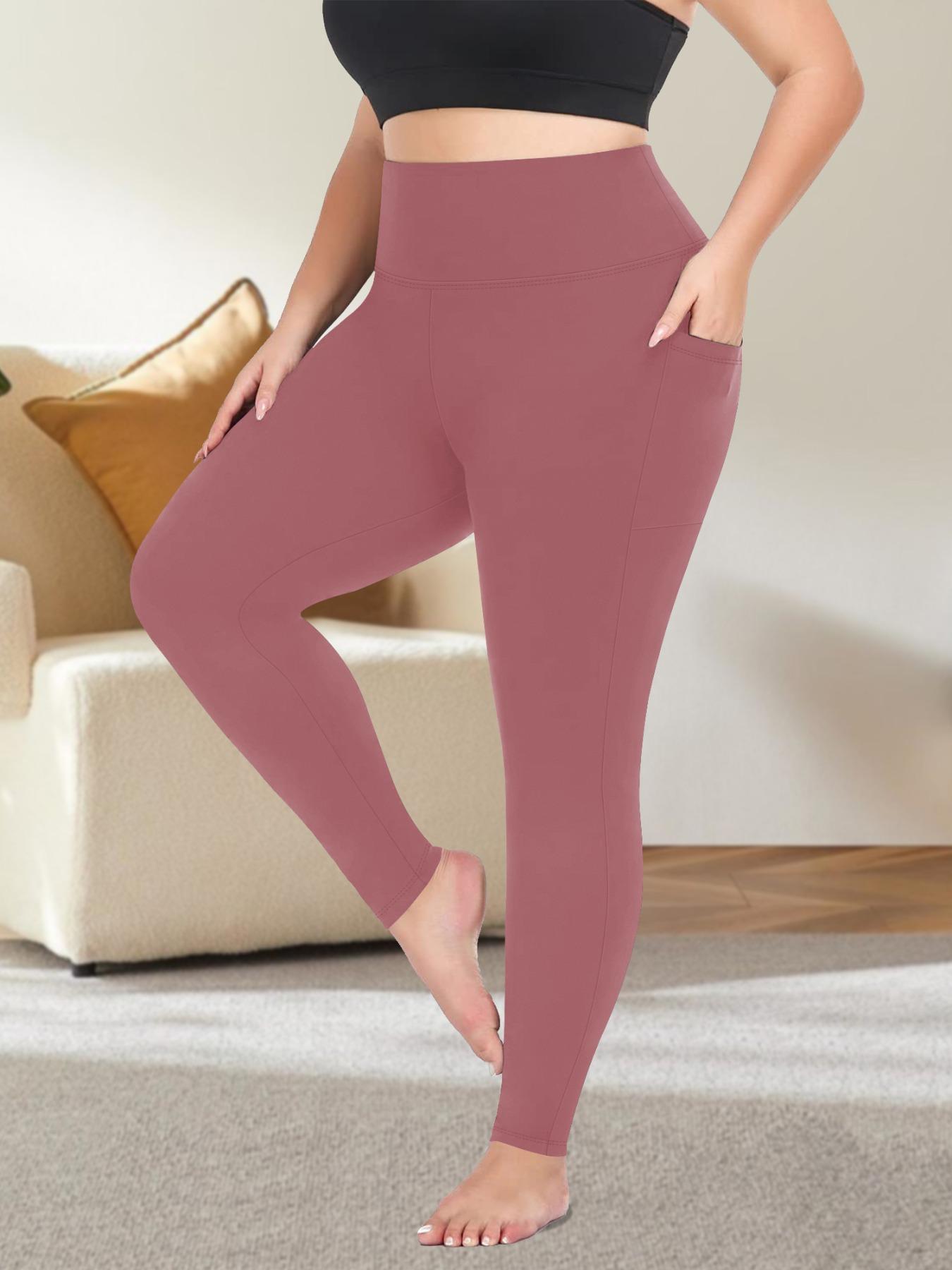 Plus Size Solid High Waist Pocket Leggings, Casual Comfy High Stretch Skin-friendly Skinny Pants for Women, Women's Bottoms for All Seasons