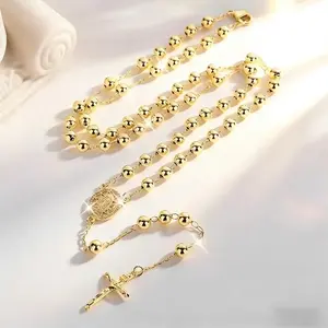 Dainty Our Lady of Guadalupe Hollow Pendant Rosary Necklace,  Gold-Plated 6mm Round Bead Chain, Sacred Gold Accessories for Daily Prayer Gifts (DIY Bag Accessory), Dainty Pendant