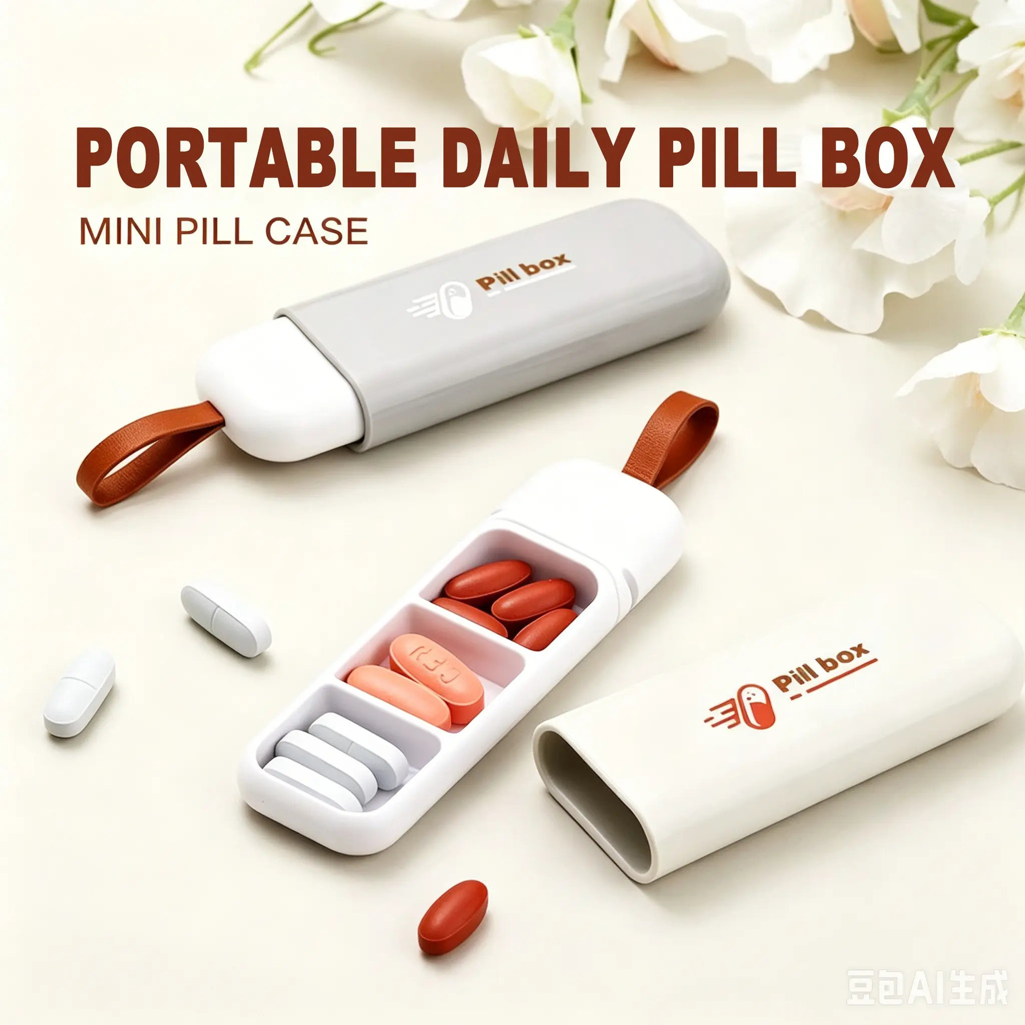 Portable Mini Travel Pill Box, 3 Compartment Slide Open Waterproof Moisture Proof Pill Organizer, Lightweight Pocket Size Medicine Storage Case With Leather Lanyard For Daily Vitamin, Supplement & Travel Medication, Medical Organizer