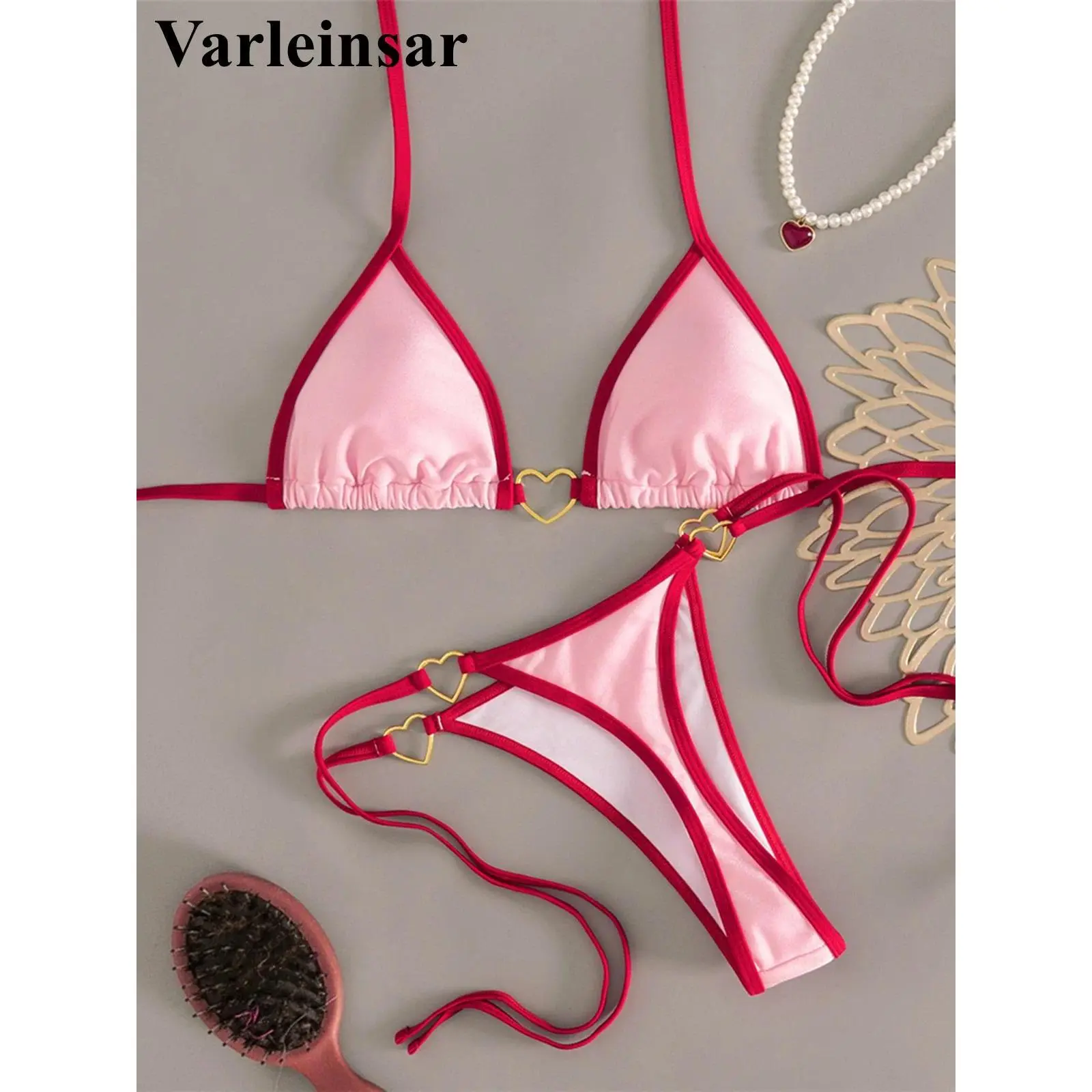 Women's Padded Fabric Halter-Neck Mini Micro Thong 2-Piece Bikini Set, Quick Dry, Breathable, Machine Washable Swimwear, XS-L Sizes, Free Express Shipping, Style V7595