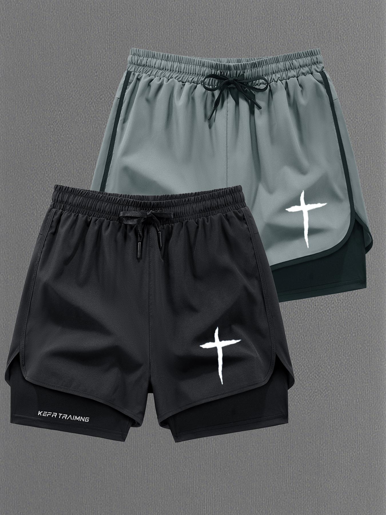 Men Women Regular Fit 2-In-1 Drawstring Waist Sport Shorts, Summer Pocket Print Casual Half Yoga Exercise Shorts, Fashionable Daily Wear