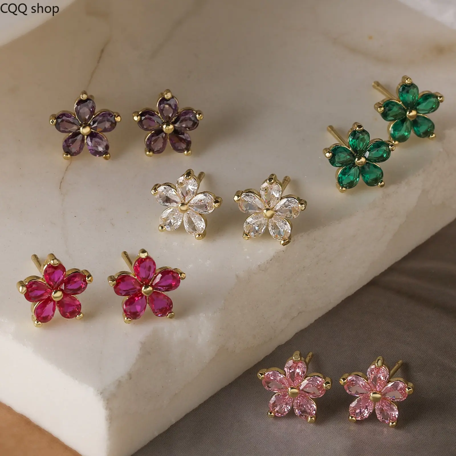 Dainty Versatile 18K Gold Plated Copper Flower Stud Earrings, Sparkling Zircon Floral Ear Jewelry, Niche Elegant Statement Accessories for Women Daily Dating & Party Outfits