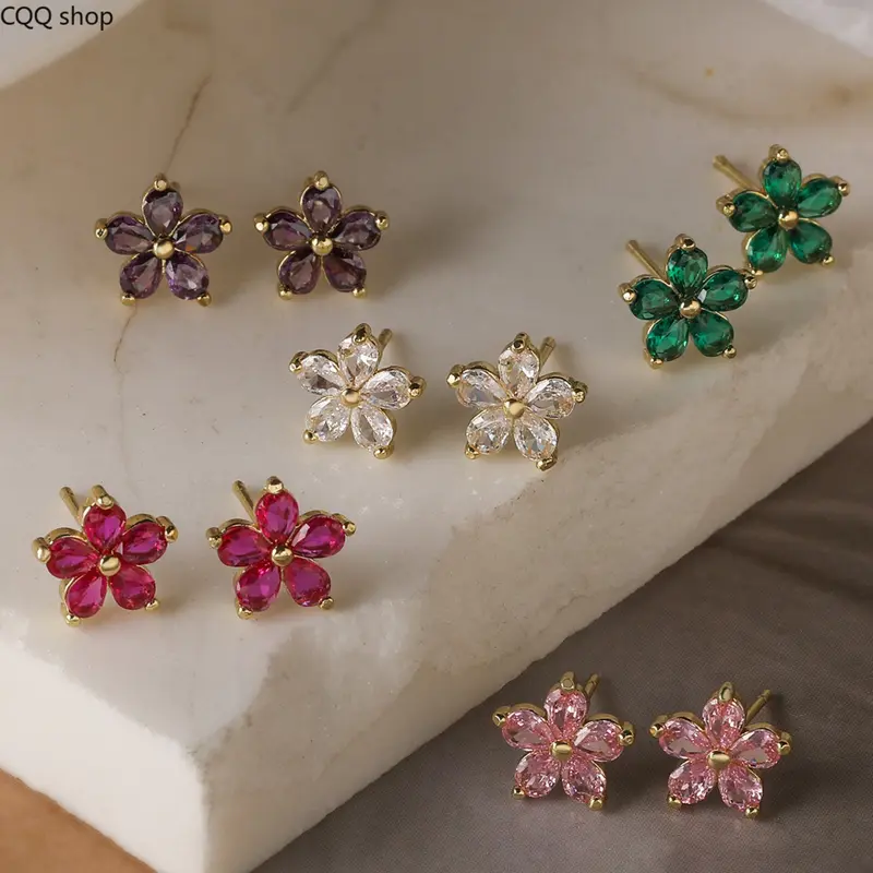 Women's 18K Gold-Plated Copper Base Flower Stud Earrings - Dainty, Versatile, Sparkling Zircon, Niche Elegant Accessories for Daily, Dating, Party Wear