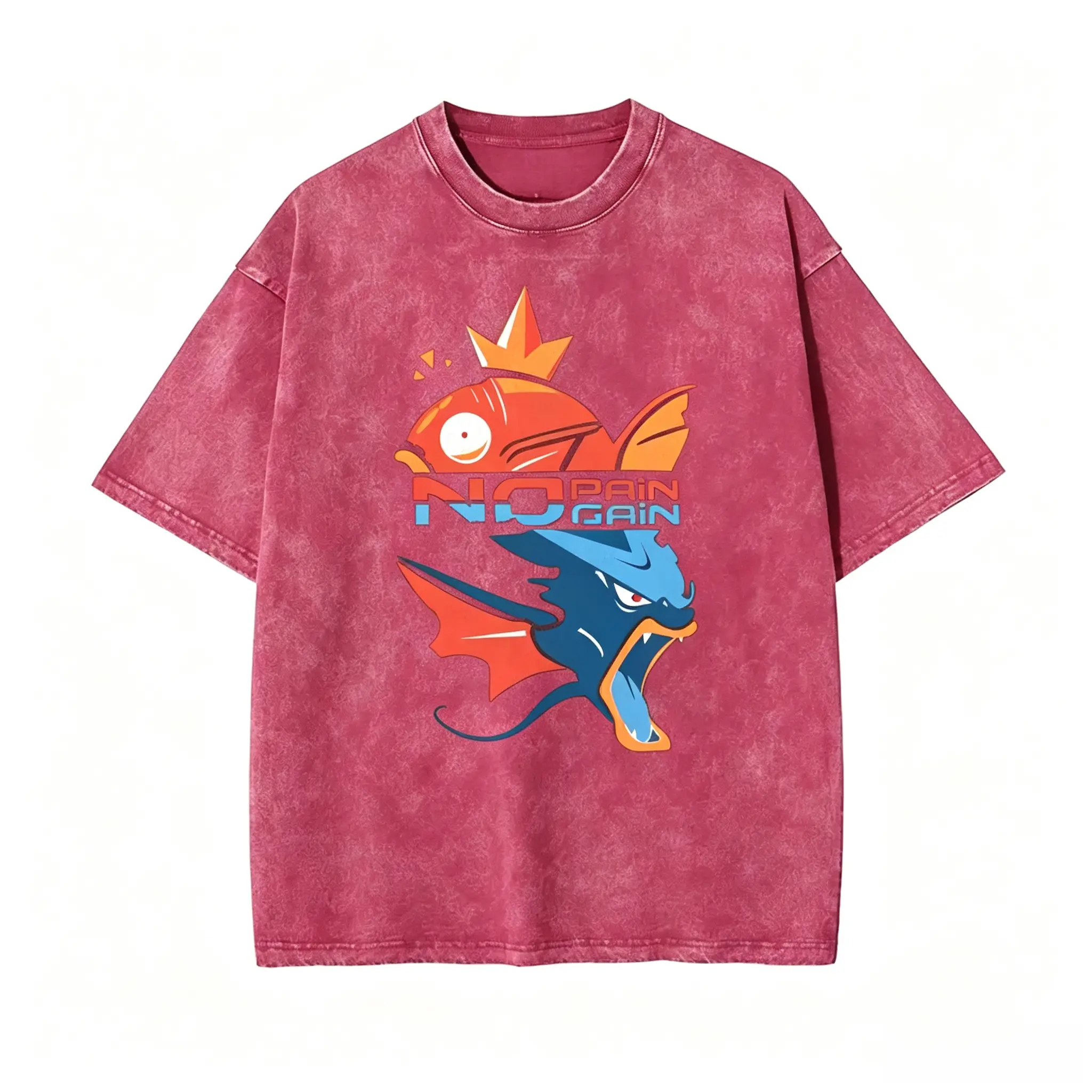 Men's Oversized Baggy Relaxed Fit Stretch Stylish Menswear Casual Short-Sleeve Washed T-Shirt - Pocket Monsters Magikarp Gyarados Evolution "No Pain No Gain" Graphic, Retro Vibe Distressed Unisex Anime Streetwear Sports Top