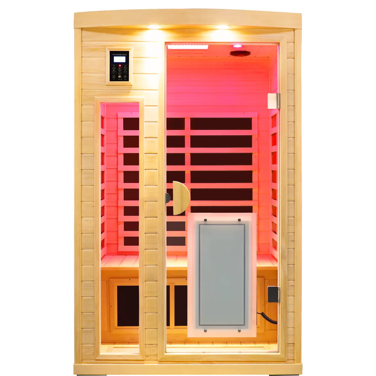 ARCH Two-Person Hemlock Solid Wood Far-Infrared Dry Sauna with Digital Control, Reading & Colored Lights, Bluetooth, Low EMF, 47.24x47.24x75.2 Inches, Natural, for Home Wellness, Relaxation, and Detox, Natural Color Options, Solid Wood Material