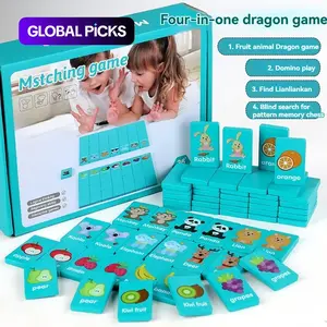 Wooden 4 in 1 Dominoes Game, Fruit & Animal Pattern Matching Memory Chess, Interactive Game for Parents & Kids