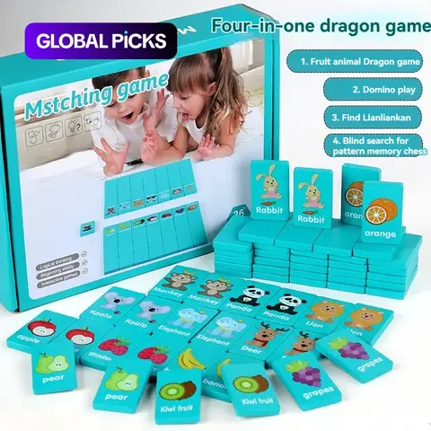 Wooden 4 in 1 Dominoes Game, Fruit & Animal Pattern Matching Memory Chess, Interactive Learning Cognitive Skills Safety Game for Parents & Kids, Family Board Games, Family Fun Game, Board Games for Family Night, Table Games #GLOBAL PICKS