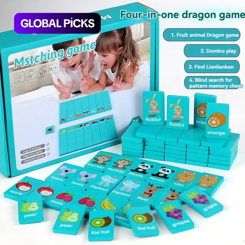 Wooden 4 in 1 Dominoes Game, Fruit & Animal Pattern Matching Memory Chess, Interactive Learning Cognitive Skills Safety Game for Parents & Kids, Family Game