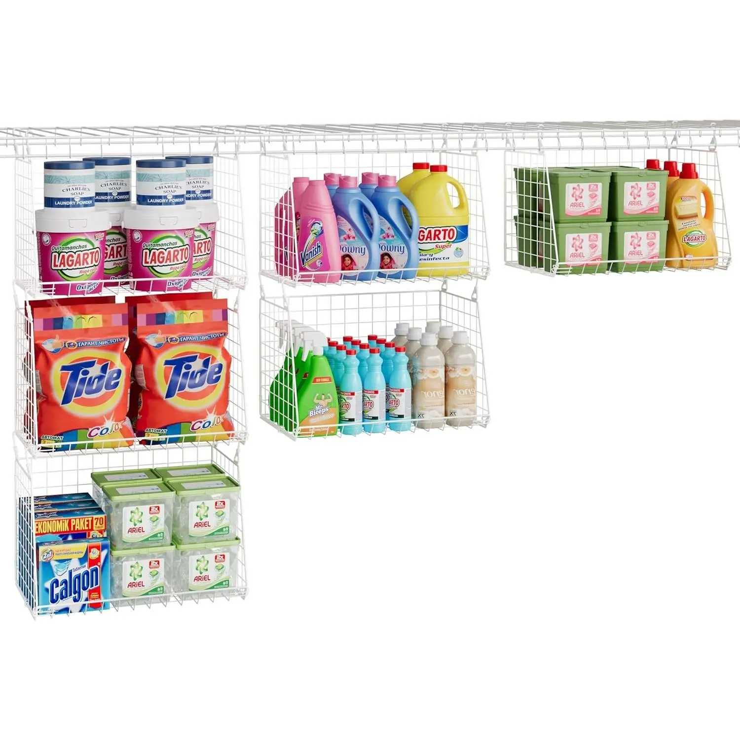 3-Pack Large Hanging Laundry Basket: Wire shelves for Laundry Room Organization with 360°Rotating Hooks Foldable Space Saving Over Washer and Dryer Shelves -Metal Laundry Basket Holder, White Patent