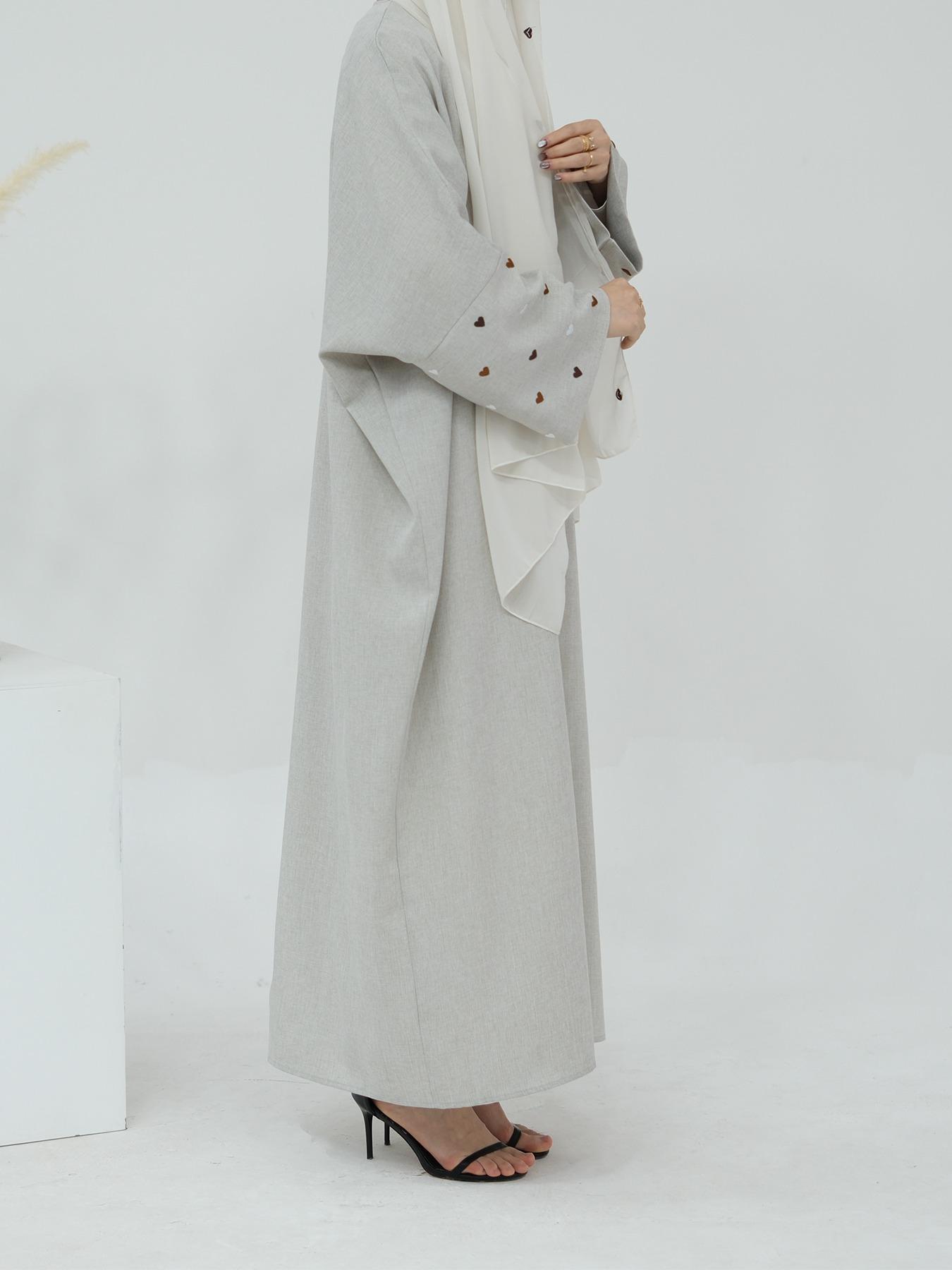 Women's Heart Embroidery Long Sleeve Open Abaya, Modest Casual Outerwear for Daily Wear, Ladies Islamic Clothing for All Seasons