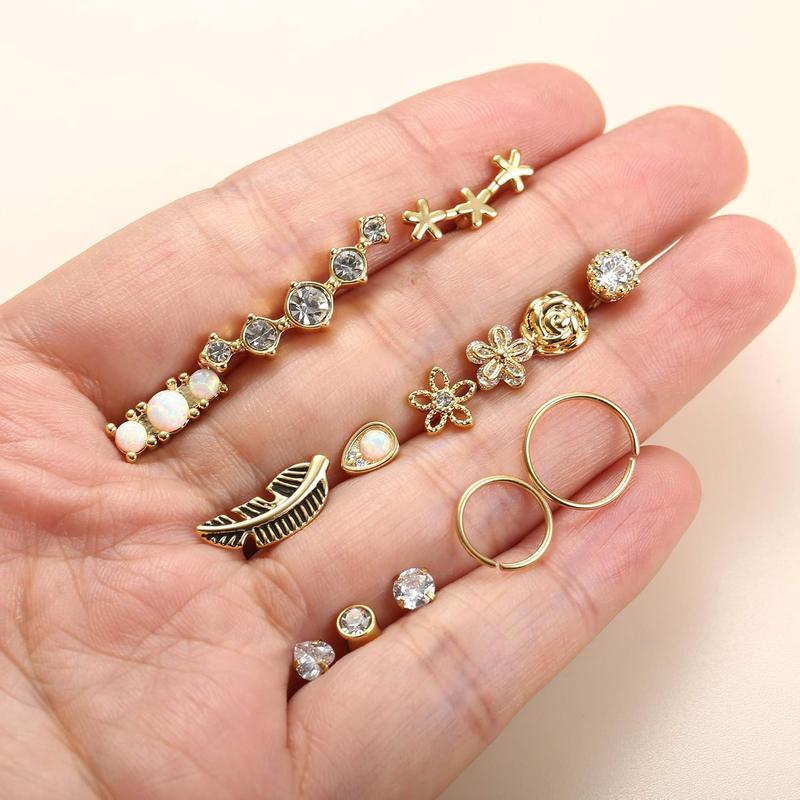 Fansilver 16 Count 16G Cartilage Earrings Studs for Women Surgical Stainless Steel Helix Tragus Hoop Piercing Earrings Set Opal CZ Cartilage Earrings with Hollow Chains & Forehead Piece