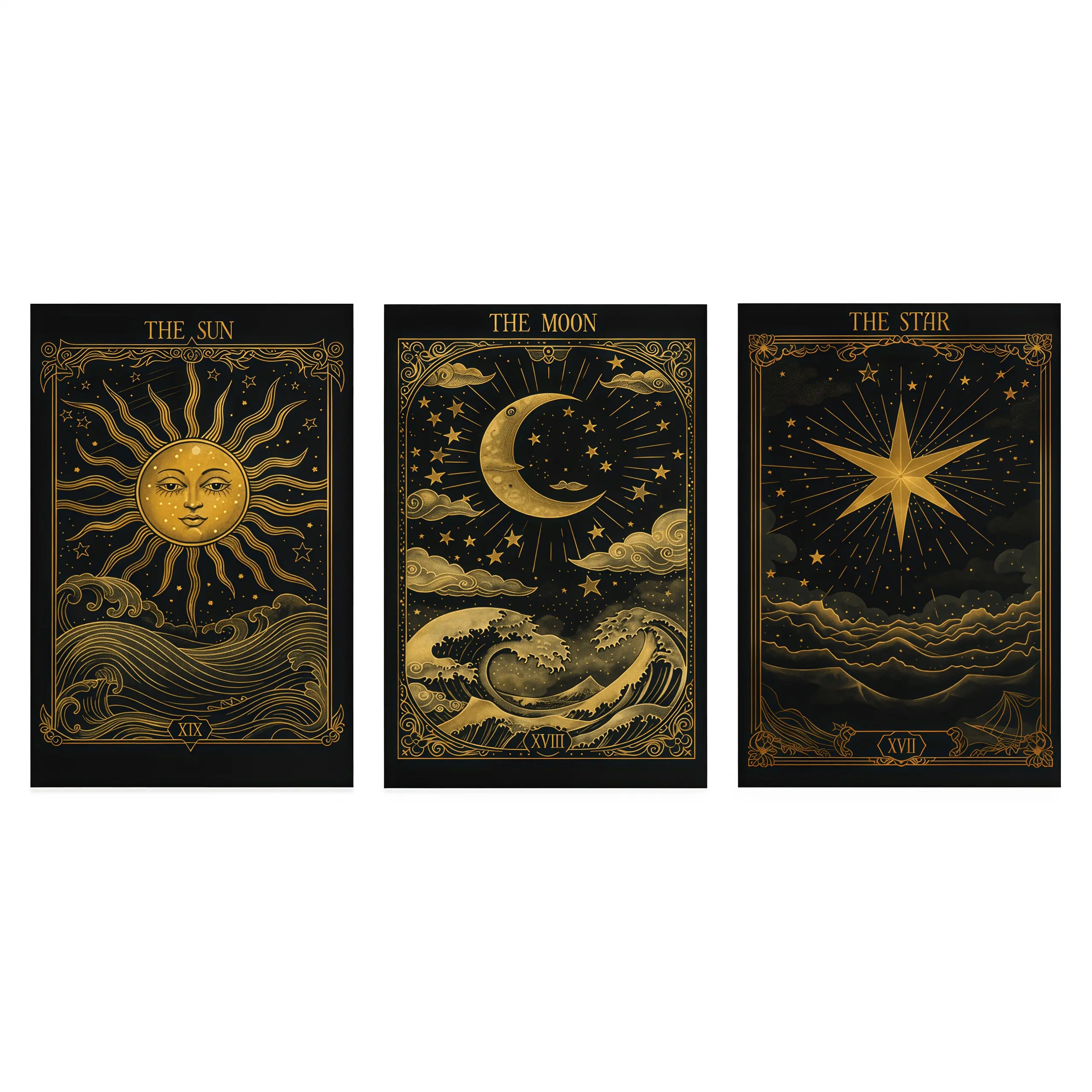 3Pcs/Set Framed Vintage Sun Moon Star Golden Tarot Card Print Wall Art - Witchy Ready-To-Hang Black Outdoor Waterproof Plastic Canvas Posters, High-Definition Graphic Decor for Living Room, Bedroom, Coquette Gift home library perfect kitchen