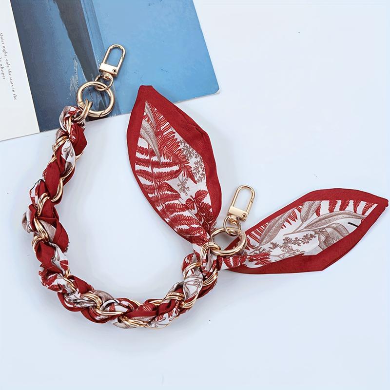 Red Floral Polyester-Spandex Scarf with Golden-Tone Clasp, Handwoven Party Fashion Accessory for Bags and Phones