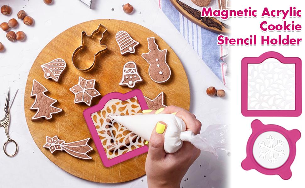 Magnetic Acrylic Cookie Stencil Holder,Cookie Stencil Frame Stencils for Royal Icing,Magnetic Template Frame for Cooking Cake Coffee Dessert Decoration Supplies (Pink Square-6.7 * 6.1 in)