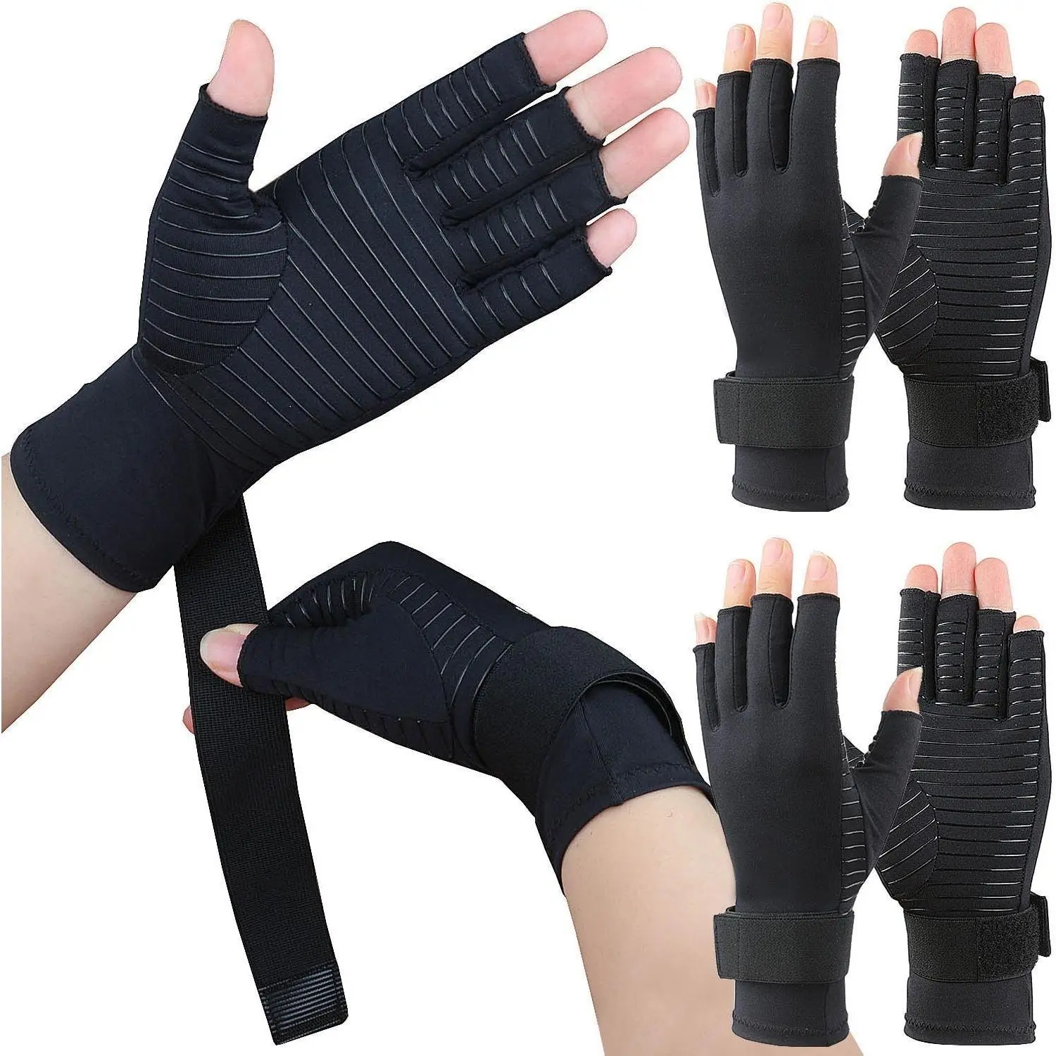 2 Pairs Copper Arthritis Compression Gloves for Carpal Tunnel Pain Relief, with Adjustable Strap, Fingerless Glove for Rheumatoid Hand Pain, Computer Typing for Men Women (Large/X-Large)