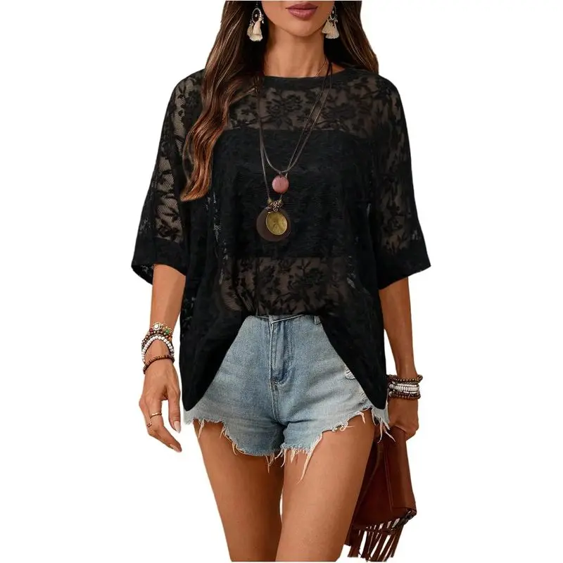 Women’s Boho Floral Print Mesh Lace Casual Crew Neckline Short Sleeve Sheer Layering Tops, Lightweight Summer Clothes for Vacation Beach Party Outfits, Layering Shirt