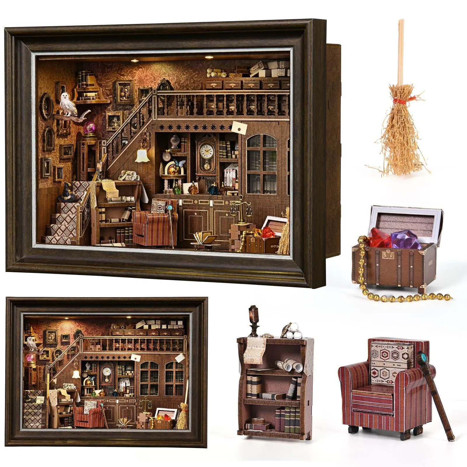 Book Nook Kit Secret Attic DIY 3D Wooden Puzzle, Miniature Set, Bookshelf Insert Dollhouse Model, Bookend Building, Home Decoration, Photo Frame