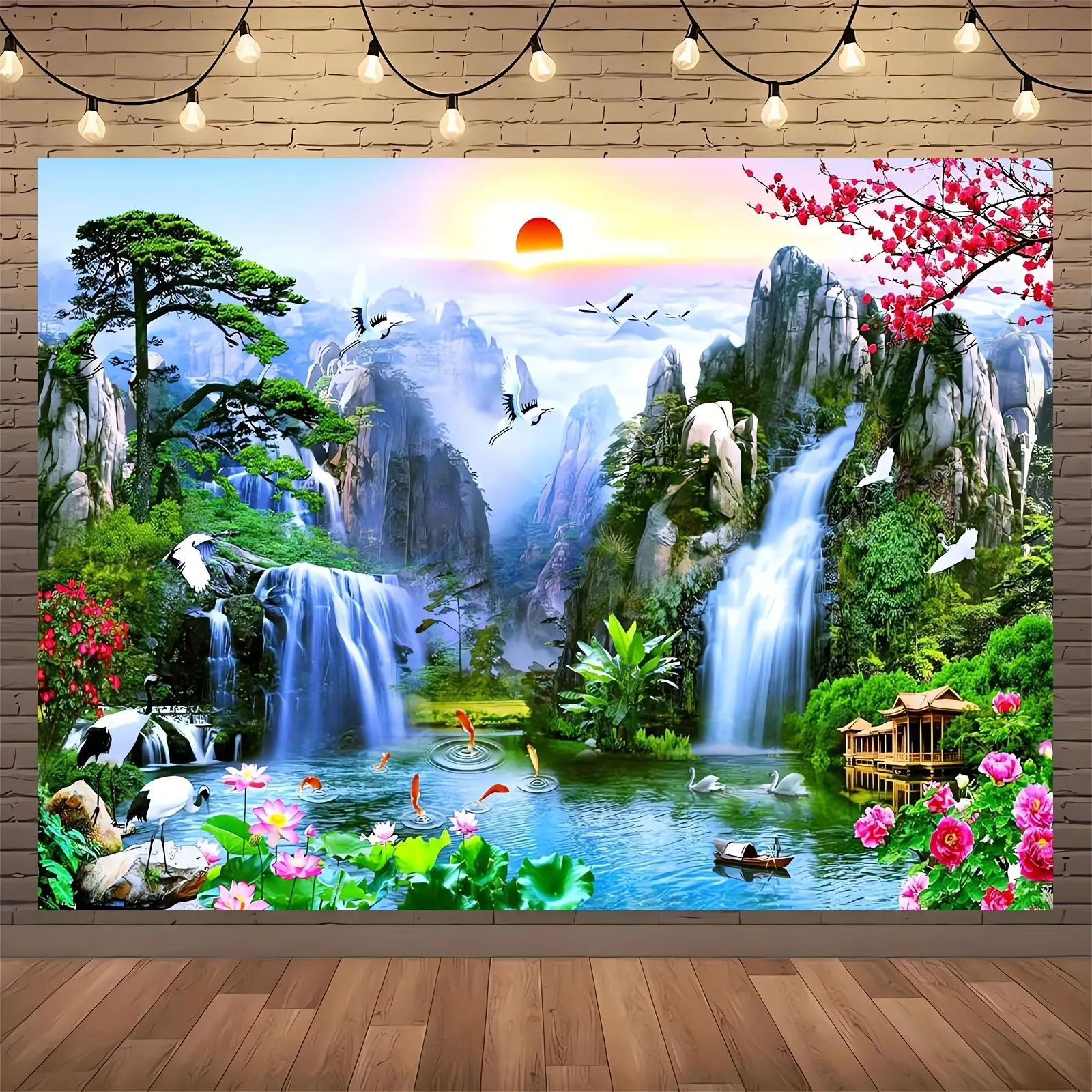 Magical Waterfall Cherry Blossom Scenic 2D Flat Banner | Wedding Photo Home Decor Backdrop | Single-Sided Polyester | Metal Grommets for Easy Hanging
