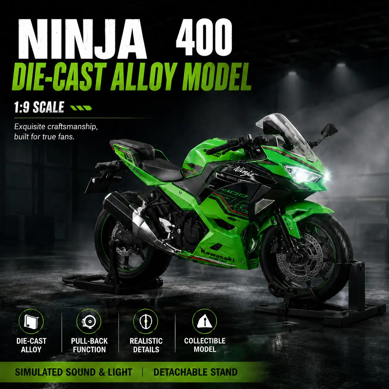 Ninja400 Dynamic Edition 1:9 Alloy Motorcycle Model, Realistic Start Function, Perfect Gift for Collectors, High-End Display Piece